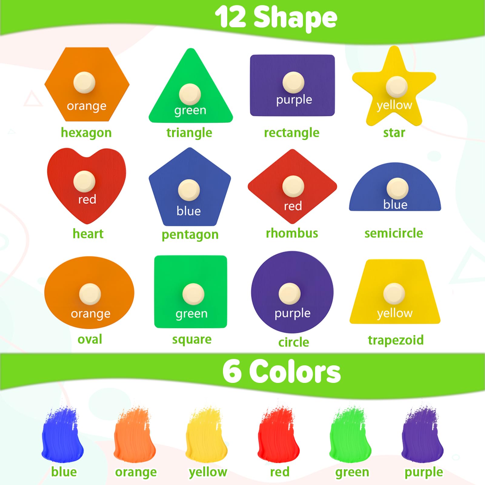 Jumlys Wooden Shape Peg Puzzle, 12 Shapes & 6 Colors, Montessori Learning Toy for Toddlers 1-3