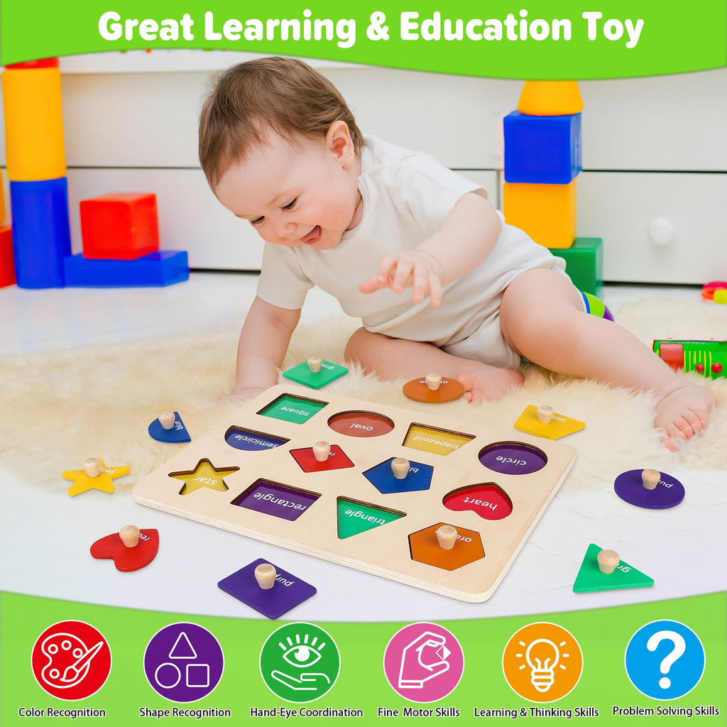 Jumlys Wooden Shape Peg Puzzle, 12 Shapes & 6 Colors, Montessori Learning Toy for Toddlers 1-3