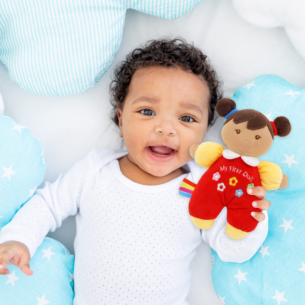 June Garden 9" My First Doll Ava - Soft Plush Baby Doll with Rattle and Taggies