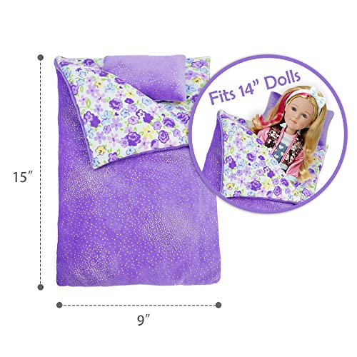 June Garden Cozy Dream Reversible Doll Sleeping Bag with Pillow for 14-Inch Dolls