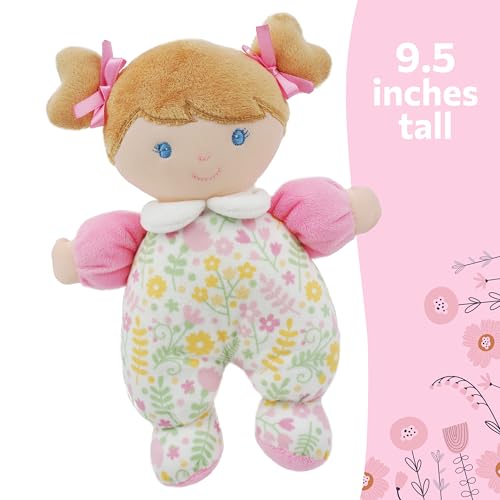 June Garden My First Doll Blossom – 9-Inch Soft Plush Baby Doll with Rattle, Pink Floral PJs