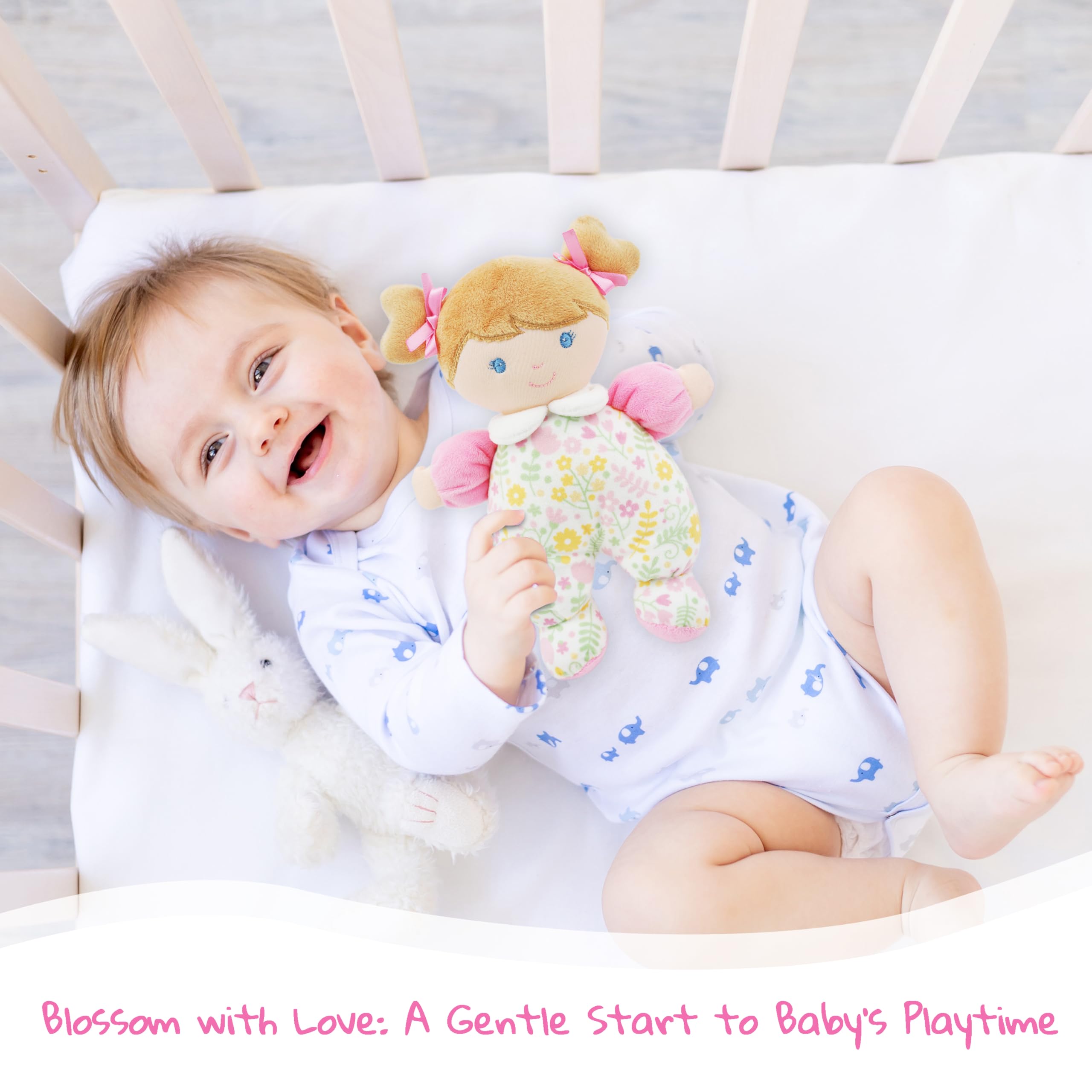 June Garden My First Doll Blossom – 9-Inch Soft Plush Baby Doll with Rattle, Pink Floral PJs