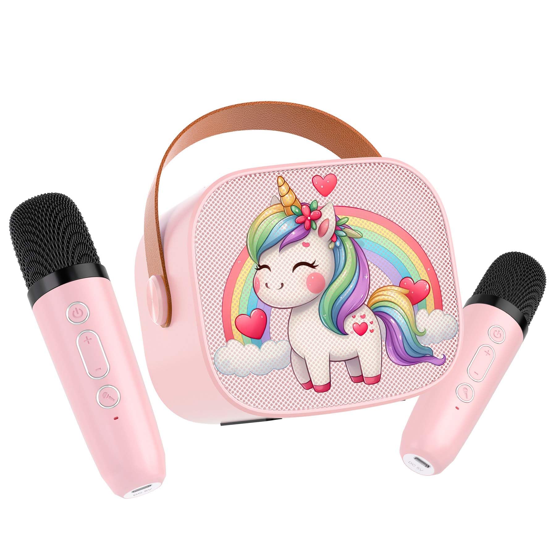 JUNGLE MONSTER Mini Karaoke Machine for Kids with 2 Microphones, Bluetooth 5.0, LED Lights, Portable Pink Pony Design