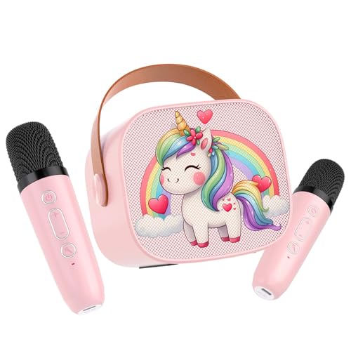 JUNGLE MONSTER Mini Karaoke Machine for Kids with 2 Microphones, Bluetooth 5.0, LED Lights, Portable Pink Pony Design