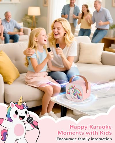 JUNGLE MONSTER Mini Karaoke Machine for Kids with 2 Microphones, Bluetooth 5.0, LED Lights, Portable Pink Pony Design