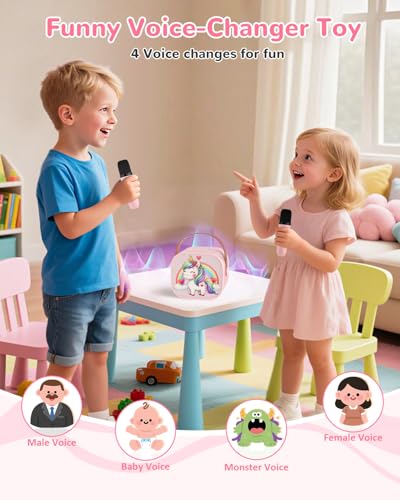 JUNGLE MONSTER Mini Karaoke Machine for Kids with 2 Microphones, Bluetooth 5.0, LED Lights, Portable Pink Pony Design