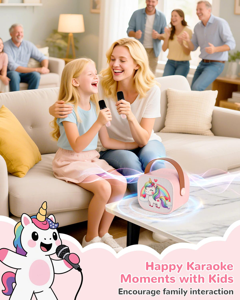 JUNGLE MONSTER Mini Karaoke Machine for Kids with 2 Microphones, Bluetooth 5.0, LED Lights, Portable Pink Pony Design