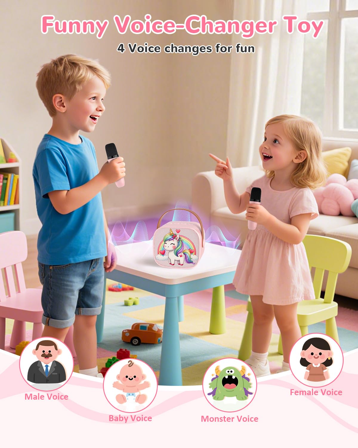 JUNGLE MONSTER Mini Karaoke Machine for Kids with 2 Microphones, Bluetooth 5.0, LED Lights, Portable Pink Pony Design