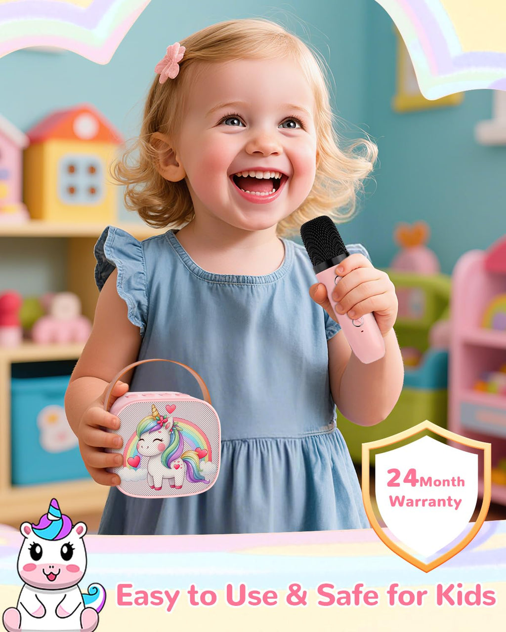 JUNGLE MONSTER Mini Karaoke Machine for Kids with 2 Microphones, Bluetooth 5.0, LED Lights, Portable Pink Pony Design