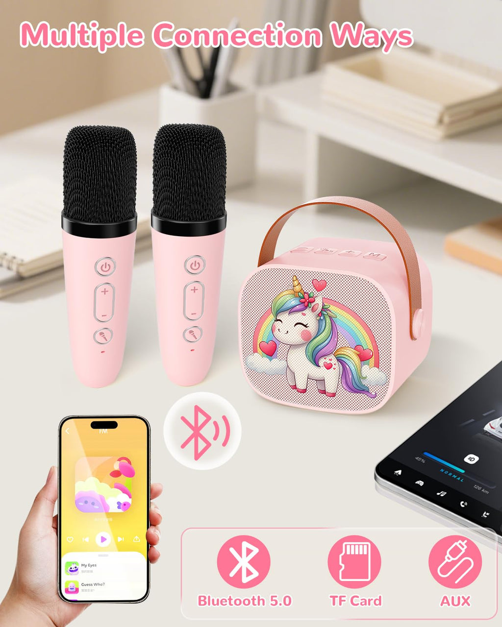 JUNGLE MONSTER Mini Karaoke Machine for Kids with 2 Microphones, Bluetooth 5.0, LED Lights, Portable Pink Pony Design