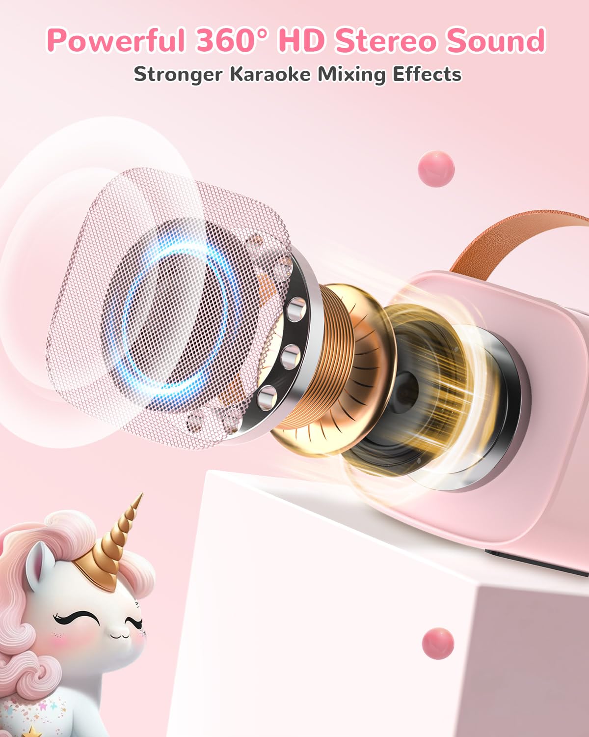 JUNGLE MONSTER Mini Karaoke Machine for Kids with 2 Microphones, Bluetooth 5.0, LED Lights, Portable Pink Pony Design