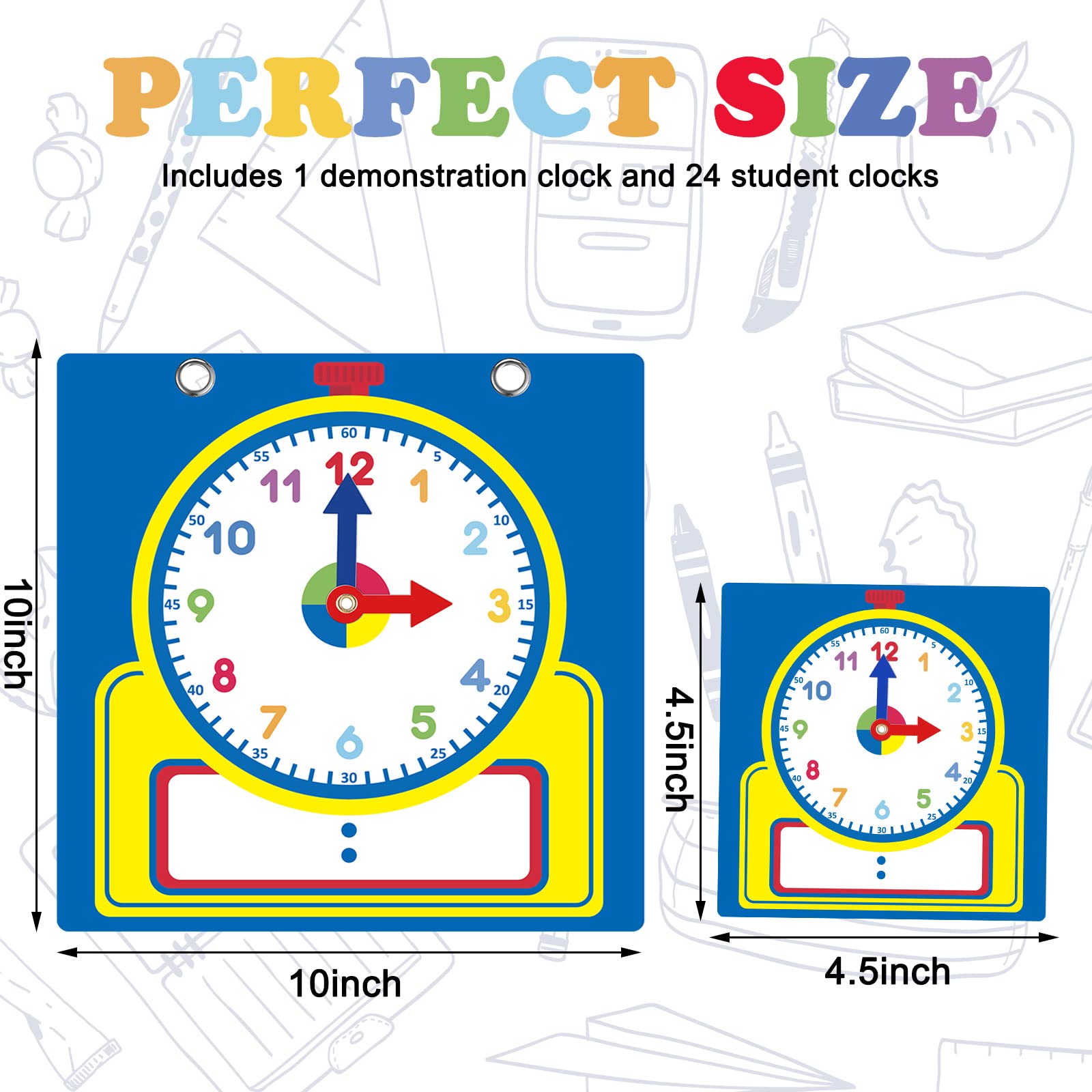 Junkin 25-Piece Teaching Clock Kit – Large Demonstration Clock & 24 Student Clocks with Erasable Surface for Classroom or Home