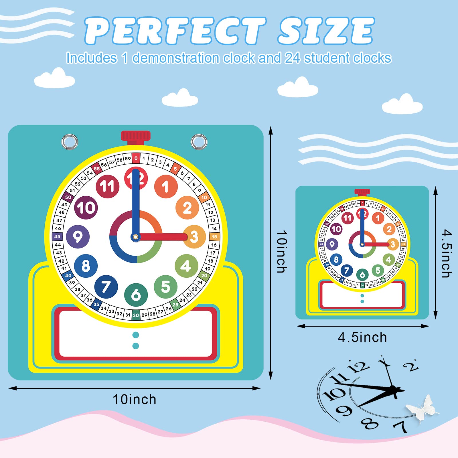 Junkin 25-Piece Teaching Clock Kit with Erasable Surface for Kids Learning Time
