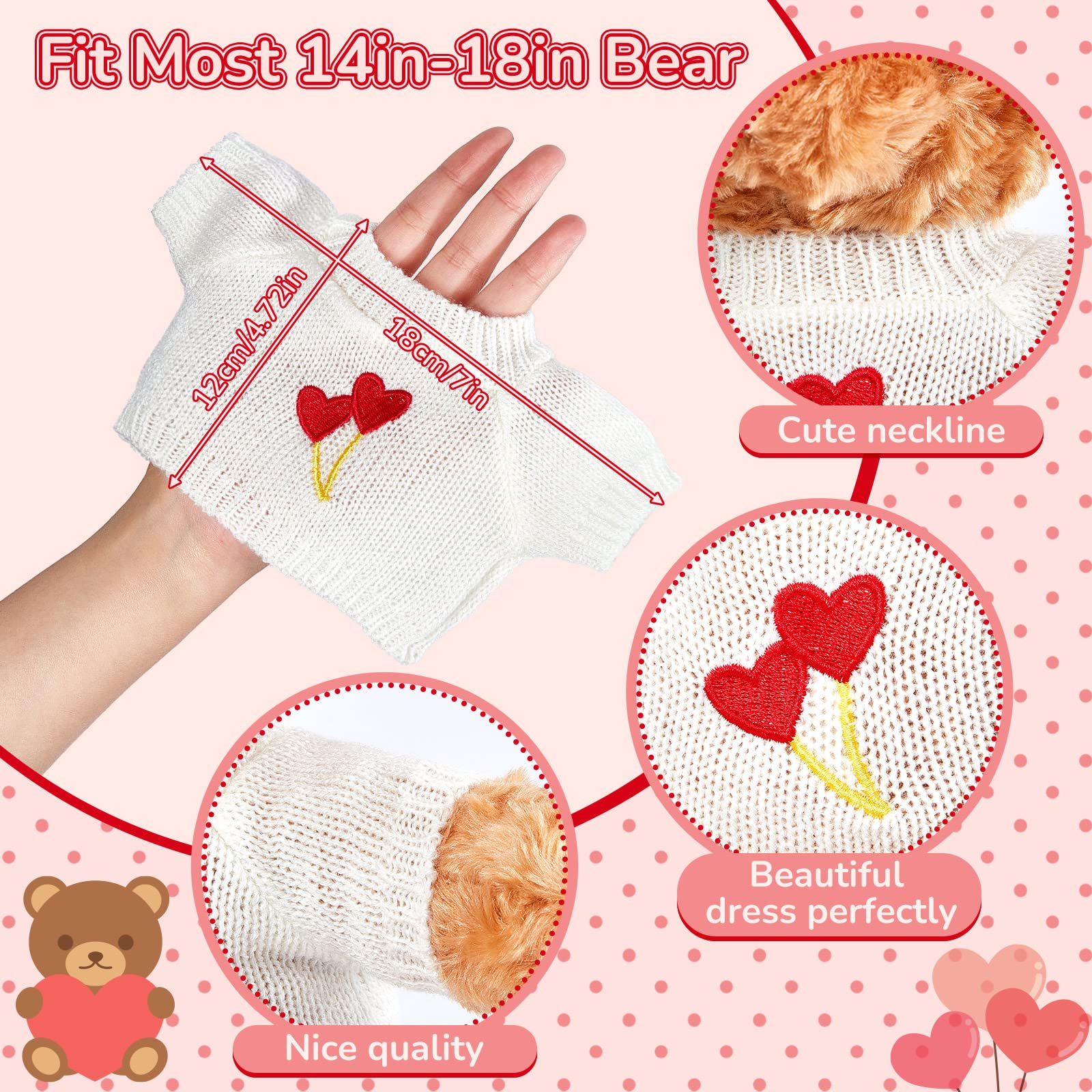 Junkin 5-Pack Bear Doll Clothes – Soft Cotton Outfits for 14–18 Inch Stuffed Animals, Red and White Heart & Stripe Designs