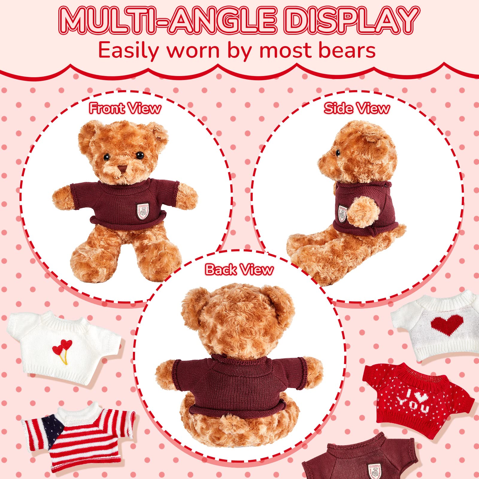 Junkin 5-Pack Bear Doll Clothes – Soft Cotton Outfits for 14–18 Inch Stuffed Animals, Red and White Heart & Stripe Designs