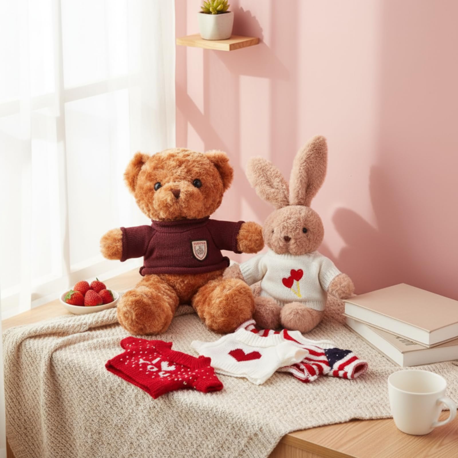 Junkin 5-Pack Bear Doll Clothes – Soft Cotton Outfits for 14–18 Inch Stuffed Animals, Red and White Heart & Stripe Designs