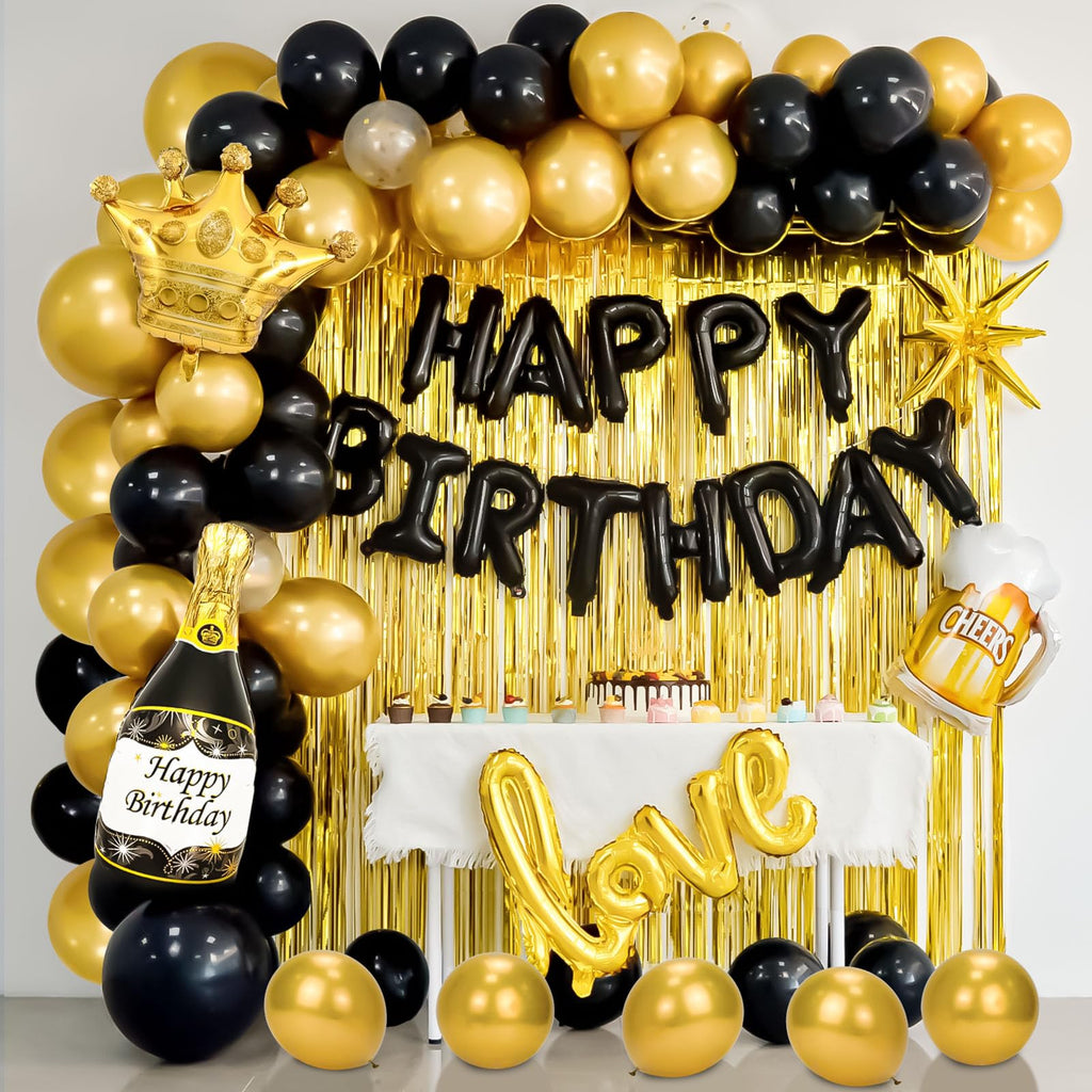 Junopy Black and Gold Birthday Party Decoration Kit – 80-Piece Set with Banner, Fringe Curtain, and Foil Balloons