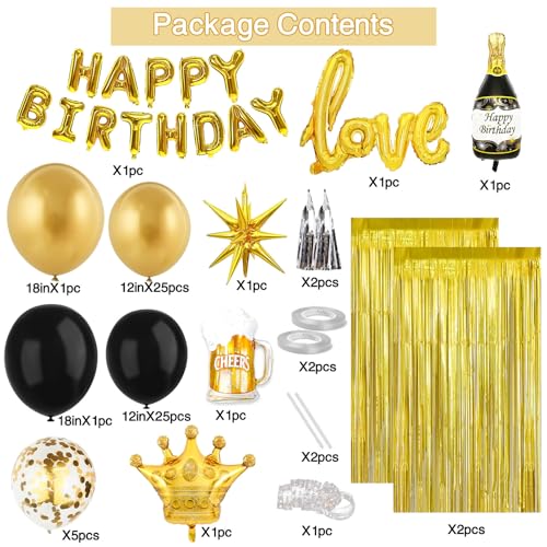 Junopy Black and Gold Birthday Party Decoration Kit – 80-Piece Set with Banner, Fringe Curtain, and Foil Balloons