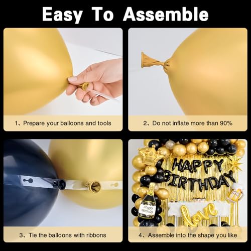 Junopy Black and Gold Birthday Party Decoration Kit – 80-Piece Set with Banner, Fringe Curtain, and Foil Balloons