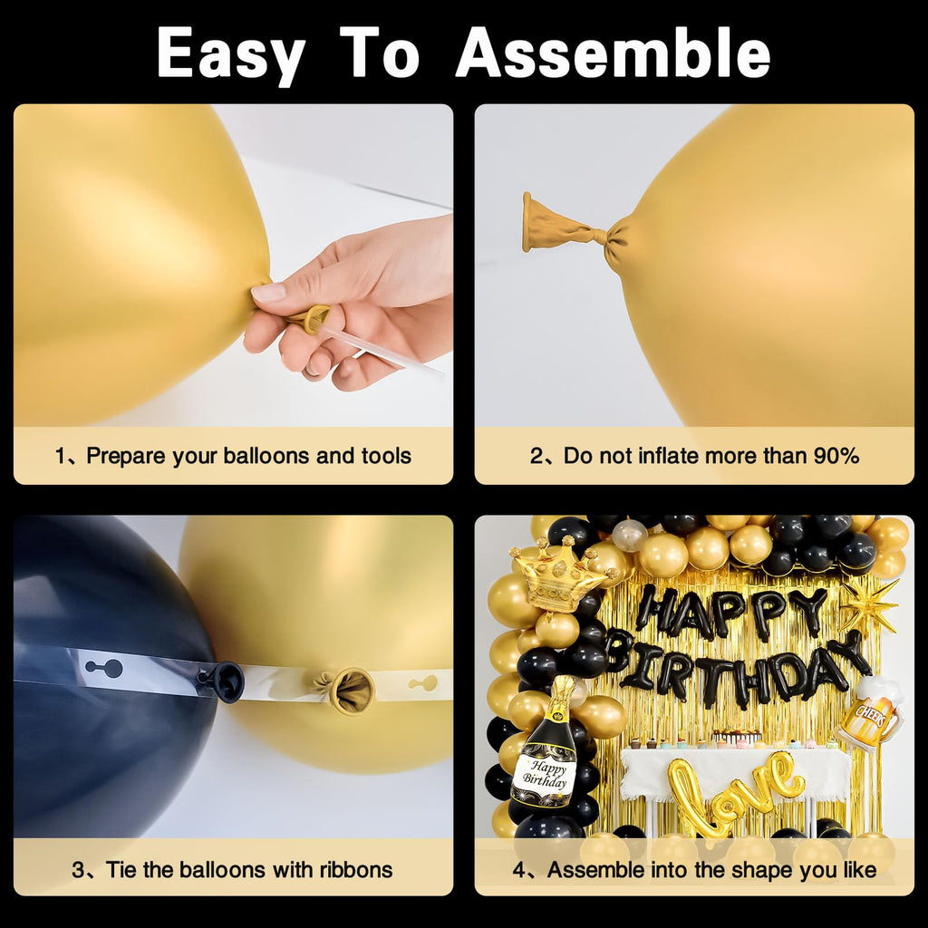 Junopy Black and Gold Birthday Party Decoration Kit – 80-Piece Set with Banner, Fringe Curtain, and Foil Balloons