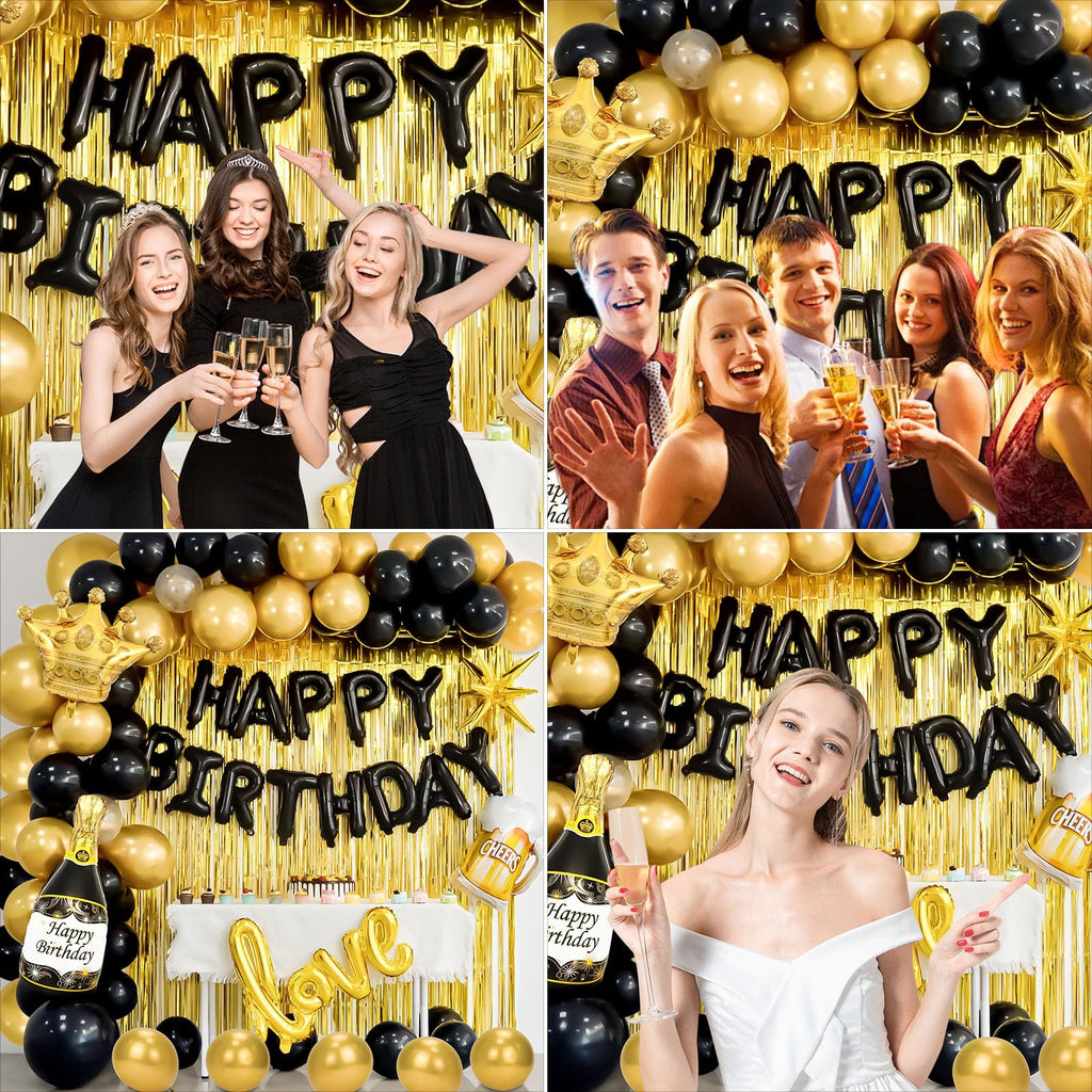 Junopy Black and Gold Birthday Party Decoration Kit – 80-Piece Set with Banner, Fringe Curtain, and Foil Balloons