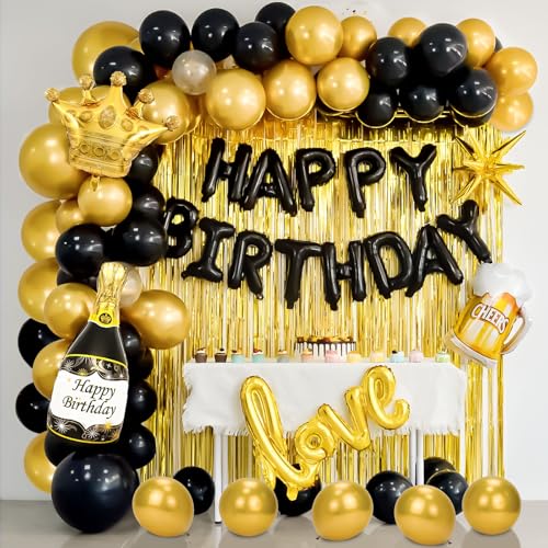 Junopy Black and Gold Birthday Party Decoration Kit – 80-Piece Set with Banner, Fringe Curtain, and Foil Balloons
