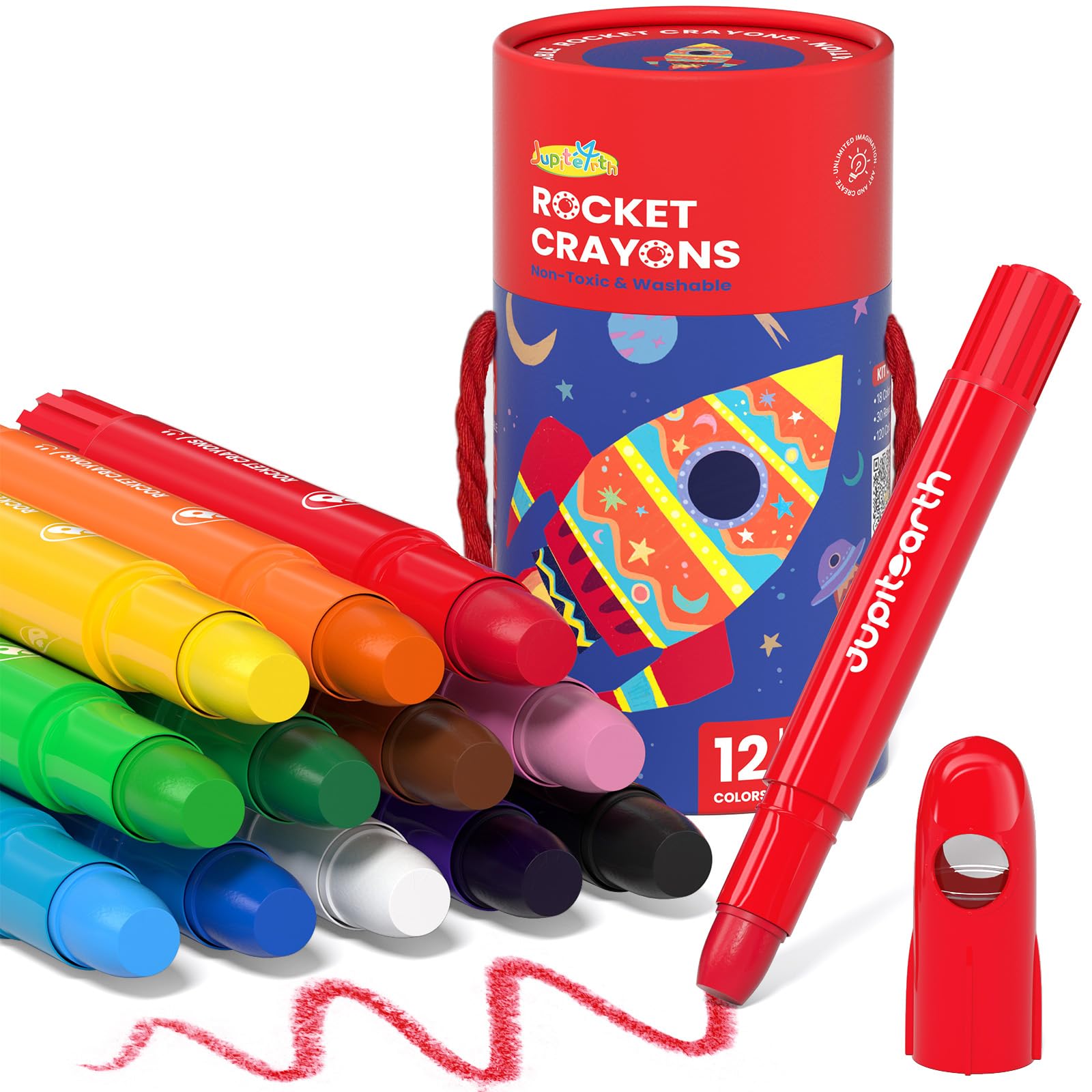 JUPITEARTH 12-Color Twist Crayons for Toddlers - Non-Toxic, Washable, Easy-Grip Rocket Crayons with Storage Bucket and 120 Coloring Pages