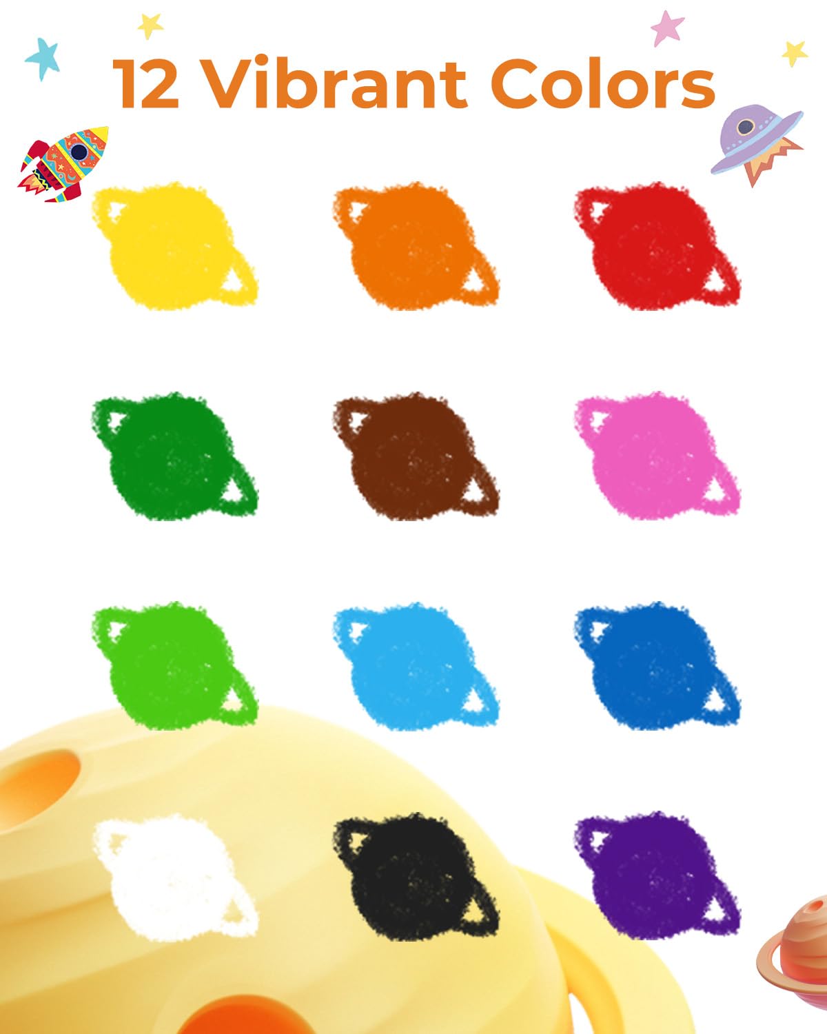 JUPITEARTH 12-Color Twist Crayons for Toddlers - Non-Toxic, Washable, Easy-Grip Rocket Crayons with Storage Bucket and 120 Coloring Pages