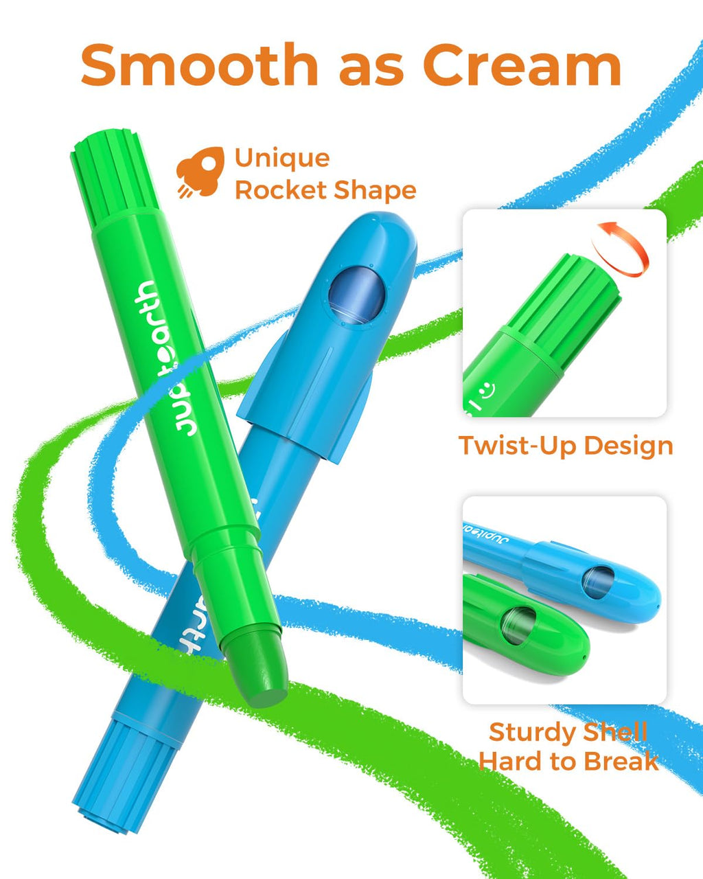 JUPITEARTH 12-Color Twist Crayons for Toddlers - Non-Toxic, Washable, Easy-Grip Rocket Crayons with Storage Bucket and 120 Coloring Pages
