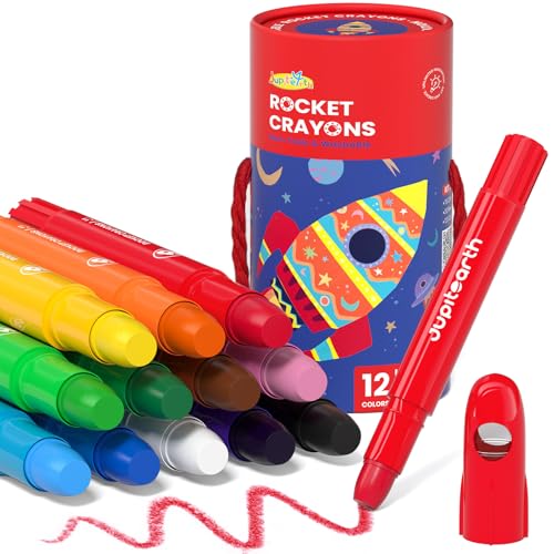 JUPITEARTH 12-Color Twist Crayons for Toddlers - Non-Toxic, Washable, Easy-Grip Rocket Crayons with Storage Bucket and 120 Coloring Pages