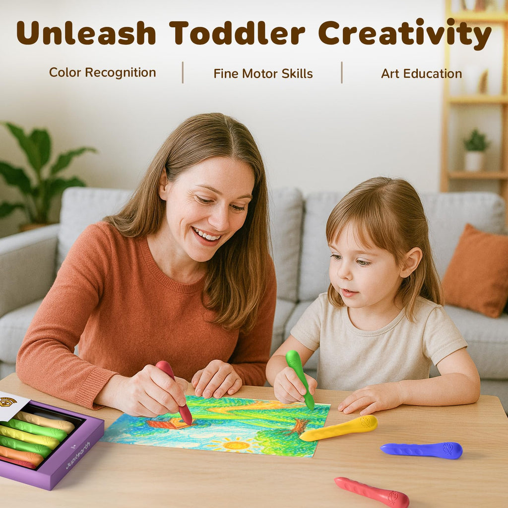 JUPITEARTH 12 Colors Triangular Crayons for Kids - Non-Toxic, Washable, with Coloring Book & Stickers