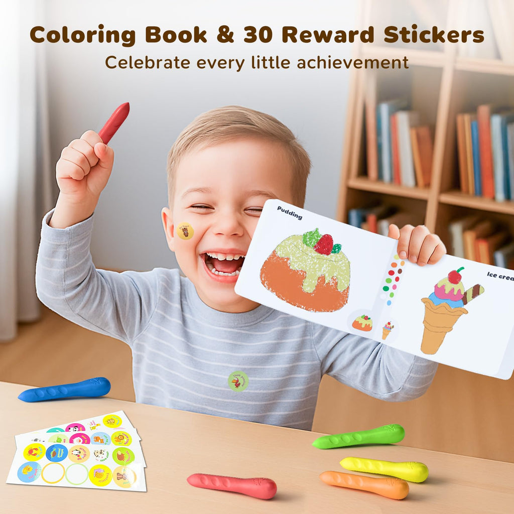 JUPITEARTH 12 Colors Triangular Crayons for Kids - Non-Toxic, Washable, with Coloring Book & Stickers