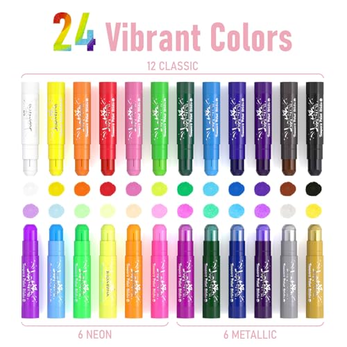 JUPITEARTH 24 Colors Tempera Paint Sticks – Quick-Dry, Washable & Non-Toxic Art Set for Kids with 120 Coloring Pages and Stickers