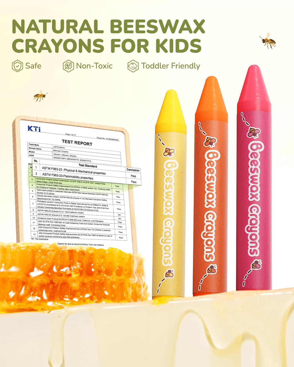 JUPITEARTH Beeswax Crayons: 12 Non-Toxic, Jumbo, Washable Crayons for Toddlers Ages 1-8