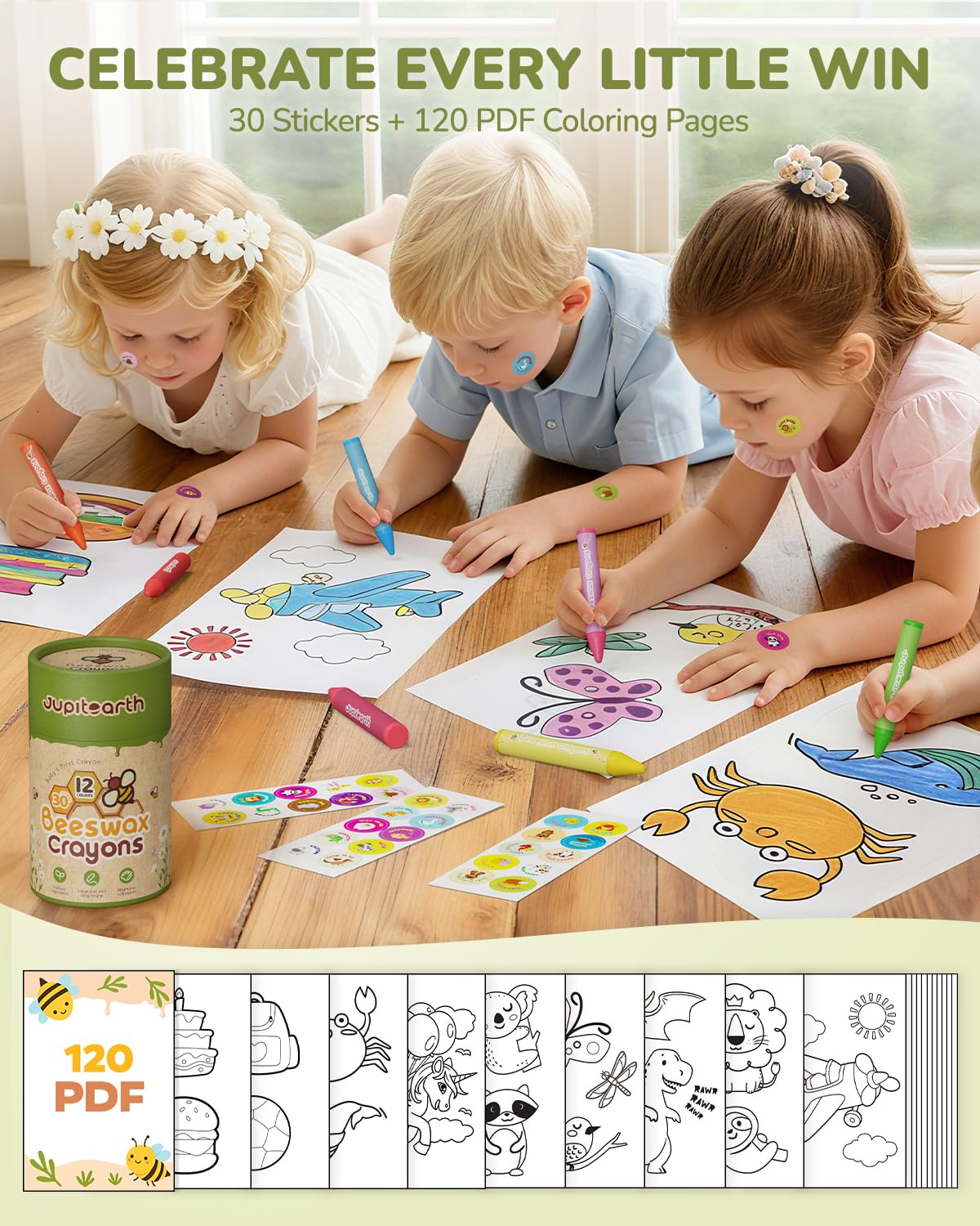 JUPITEARTH Beeswax Crayons: 12 Non-Toxic, Jumbo, Washable Crayons for Toddlers Ages 1-8