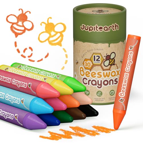 JUPITEARTH Beeswax Crayons: 12 Non-Toxic, Jumbo, Washable Crayons for Toddlers Ages 1-8