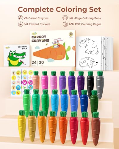 JUPITEARTH Carrot Crayons 24 Colors - Non-Toxic Beeswax Crayons for Toddlers with 30-Page Coloring Book & Stickers