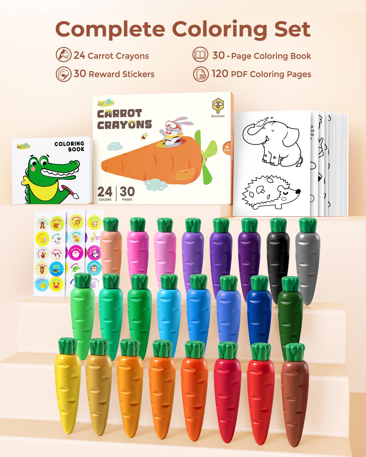 JUPITEARTH Carrot Crayons 24 Colors - Non-Toxic Beeswax Crayons for Toddlers with 30-Page Coloring Book & Stickers