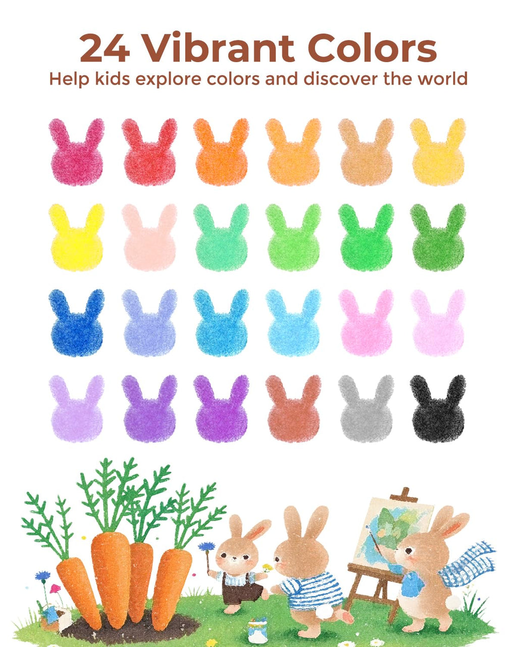 JUPITEARTH Carrot Crayons 24 Colors - Non-Toxic Beeswax Crayons for Toddlers with 30-Page Coloring Book & Stickers