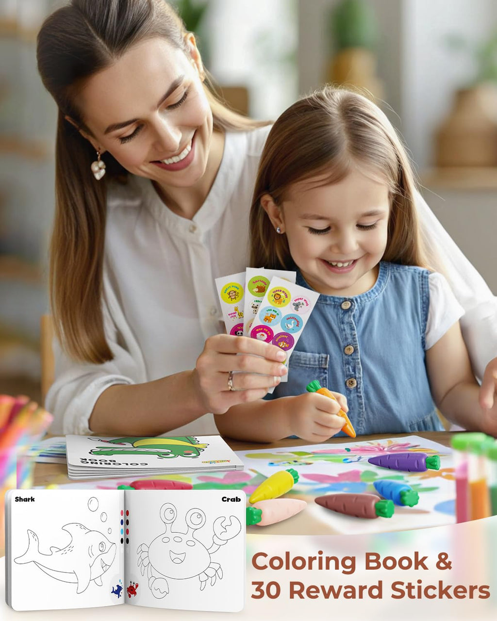 JUPITEARTH Carrot Crayons 24 Colors - Non-Toxic Beeswax Crayons for Toddlers with 30-Page Coloring Book & Stickers