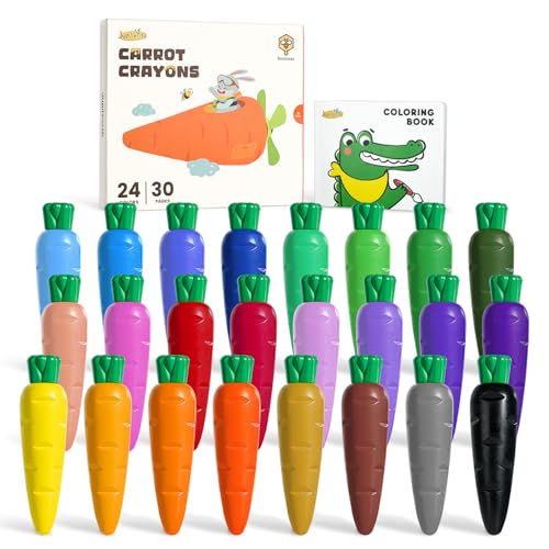JUPITEARTH Carrot Crayons 24 Colors - Non-Toxic Beeswax Crayons for Toddlers with 30-Page Coloring Book & Stickers