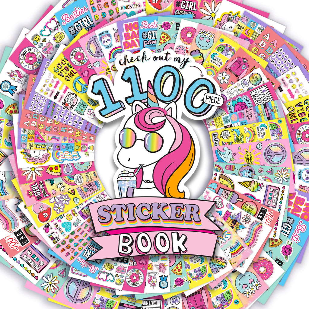 Just My Style 1100-Piece Reusable Vinyl Sticker Book - Sparkly Spiral Bound with Unicorns, Tie-Dye, Sweet Treats & Positivity Quotes
