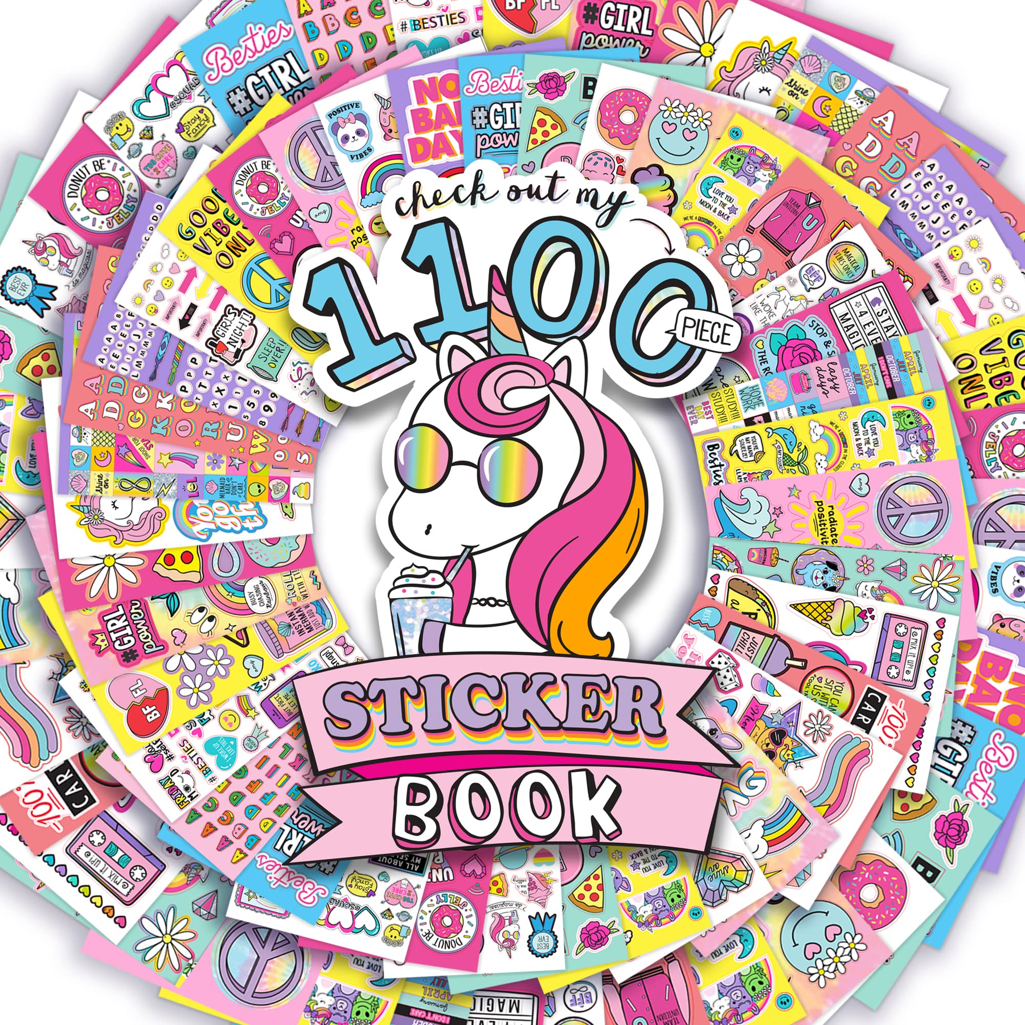 Just My Style 1100-Piece Reusable Vinyl Sticker Book - Sparkly Spiral Bound with Unicorns, Tie-Dye, Sweet Treats & Positivity Quotes