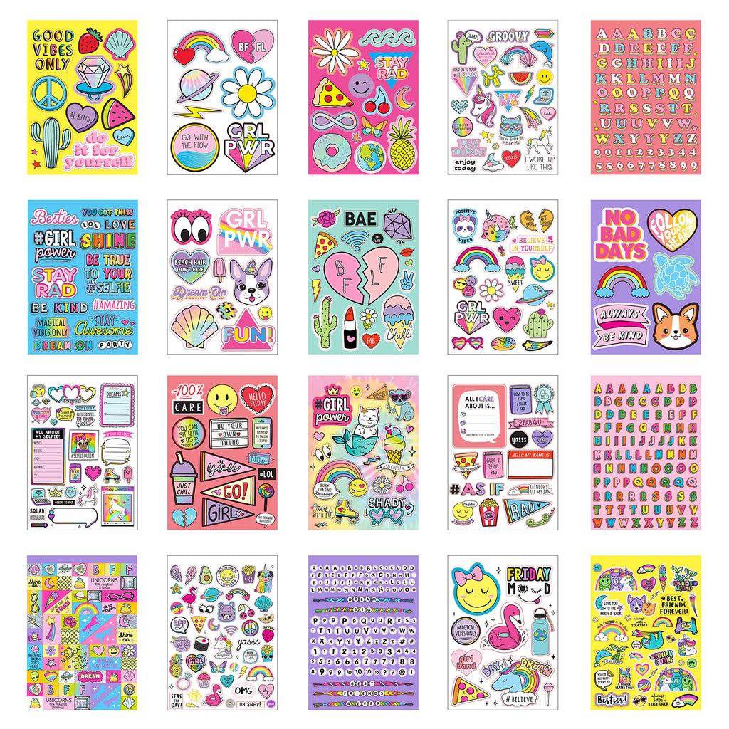 Just My Style 1100-Piece Reusable Vinyl Sticker Book - Sparkly Spiral Bound with Unicorns, Tie-Dye, Sweet Treats & Positivity Quotes