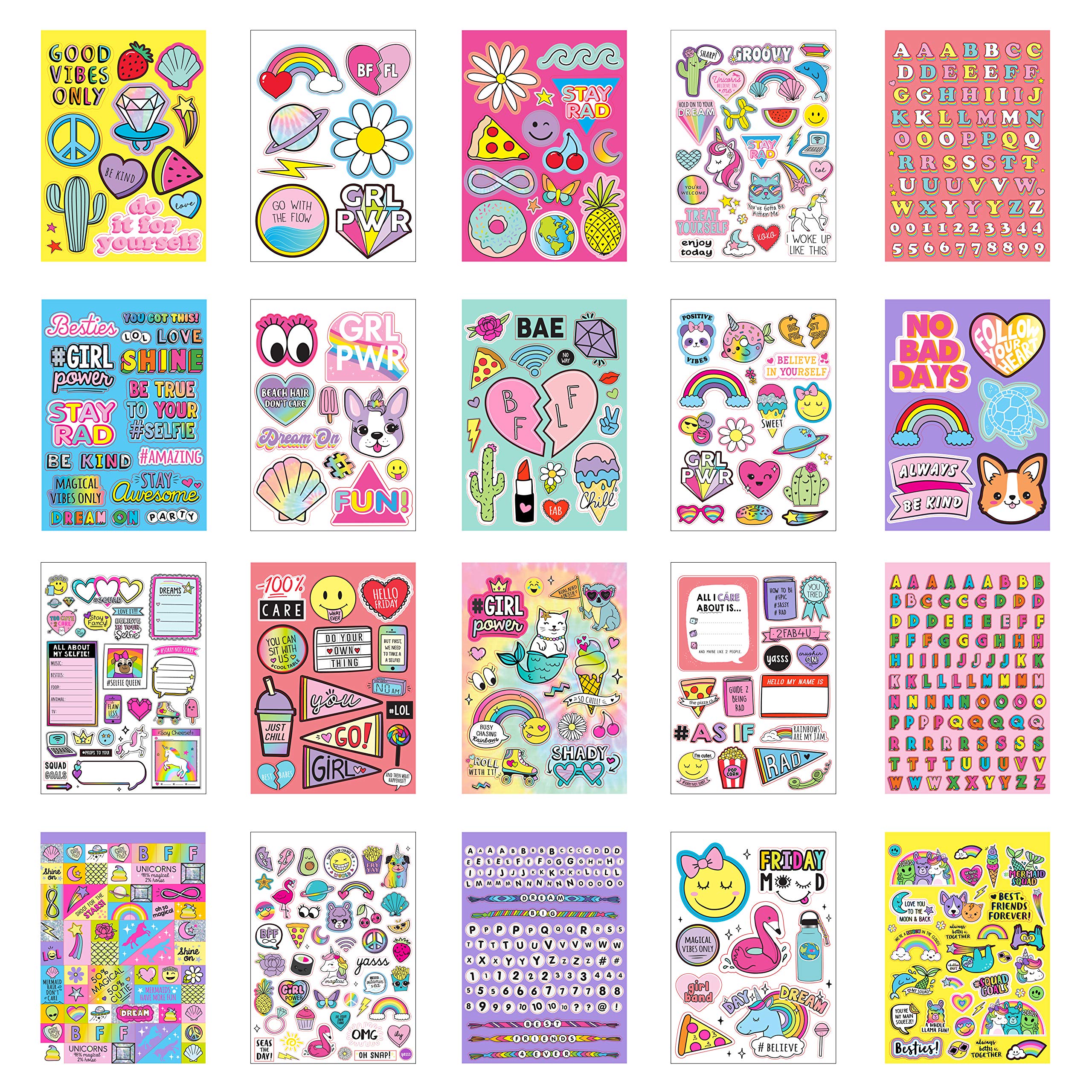 Just My Style 1100-Piece Reusable Vinyl Sticker Book - Sparkly Spiral Bound with Unicorns, Tie-Dye, Sweet Treats & Positivity Quotes