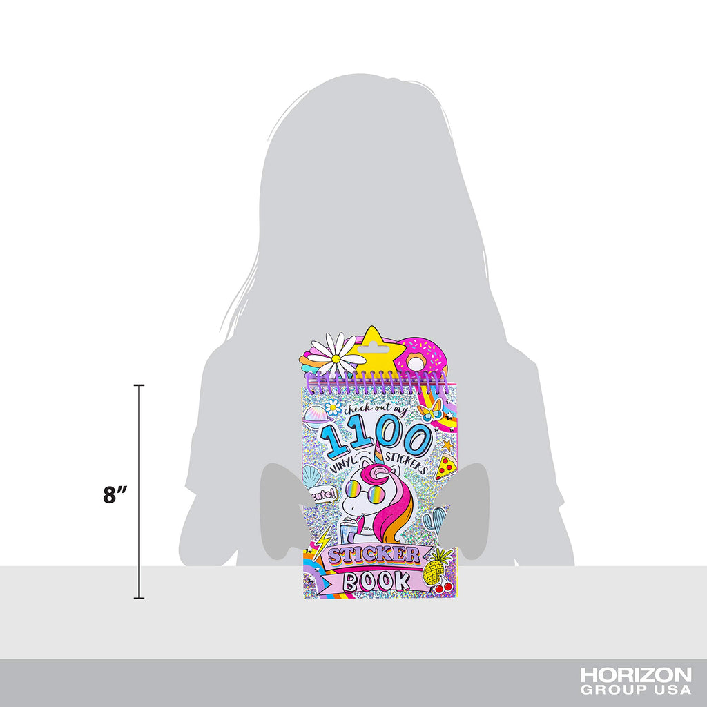 Just My Style 1100-Piece Reusable Vinyl Sticker Book - Sparkly Spiral Bound with Unicorns, Tie-Dye, Sweet Treats & Positivity Quotes