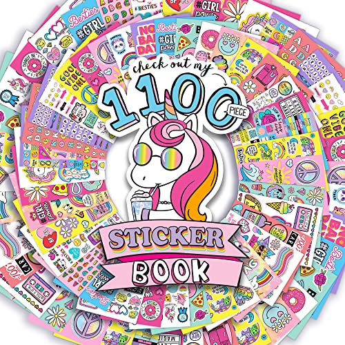 Just My Style 1100-Piece Reusable Vinyl Sticker Book - Sparkly Spiral Bound with Unicorns, Tie-Dye, Sweet Treats & Positivity Quotes