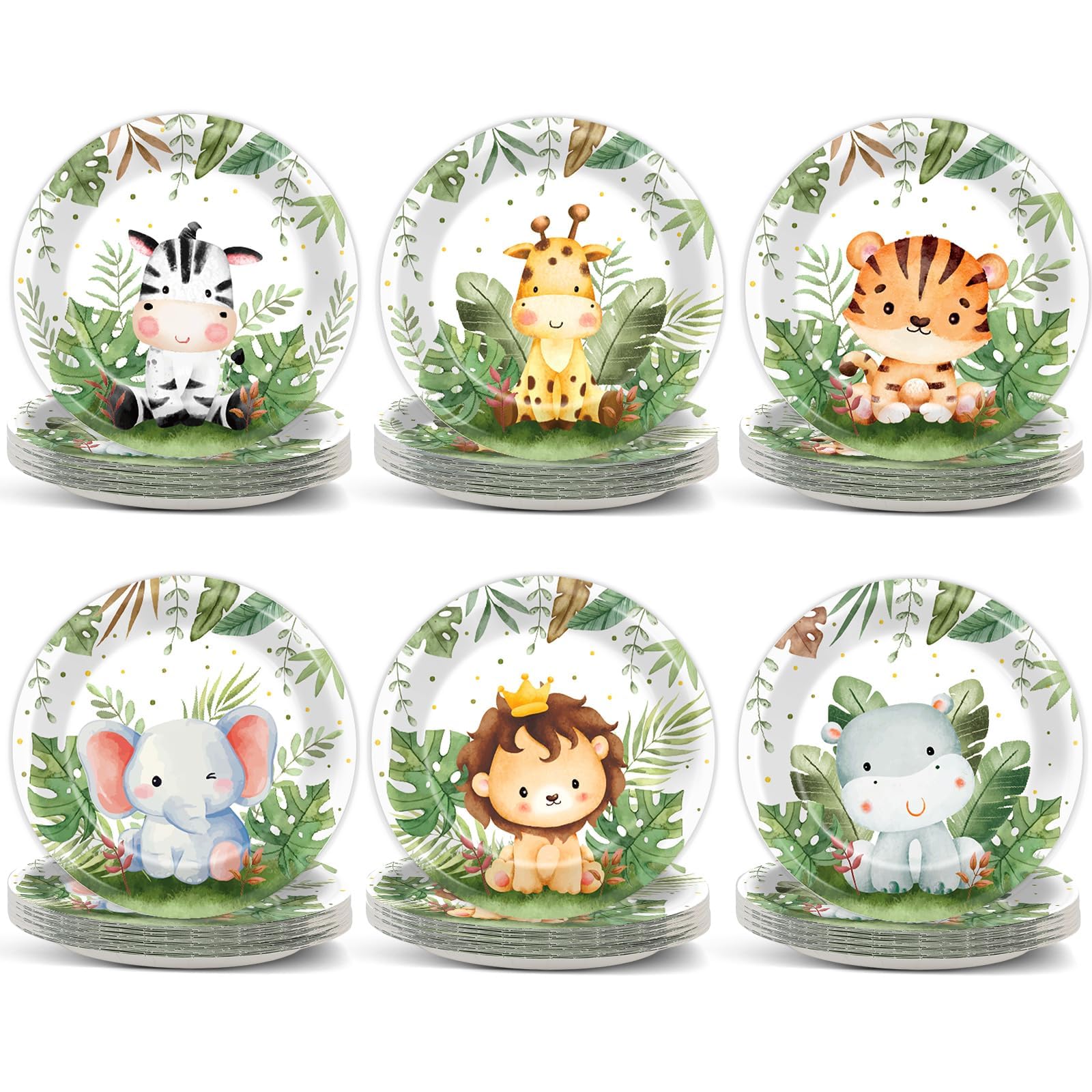 Justforjoyful 60-Pack Jungle Safari Paper Plates – 7-Inch Zoo Animal Dinnerware for Parties, Birthdays & Picnics