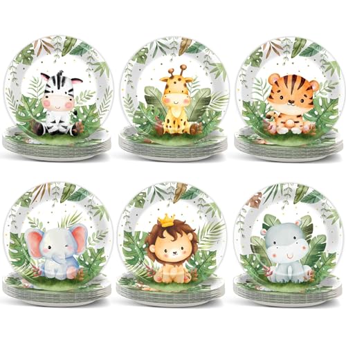Justforjoyful 60-Pack Jungle Safari Paper Plates – 7-Inch Zoo Animal Dinnerware for Parties, Birthdays & Picnics