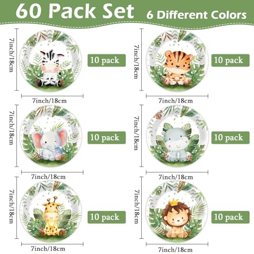 Justforjoyful 60-Pack Jungle Safari Paper Plates – 7-Inch Zoo Animal Dinnerware for Parties, Birthdays & Picnics